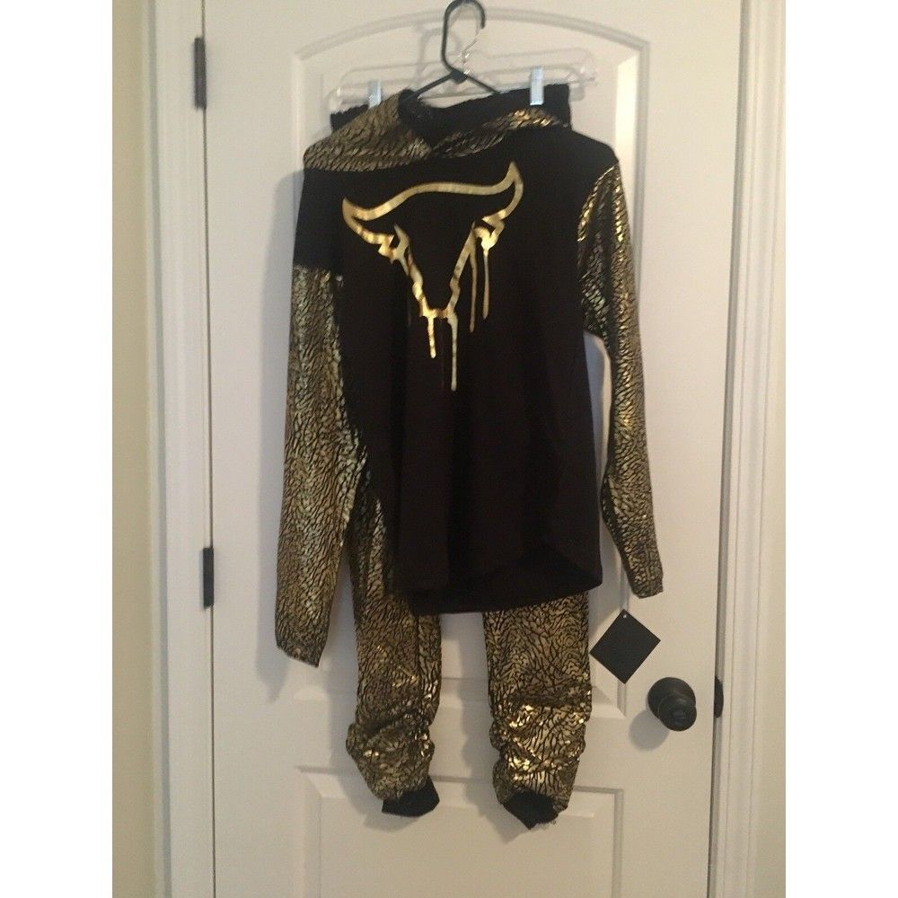 Qruel Kids Fashion Bull Print 2pc Set Outfit Pants Shirt Size XL Gold Black